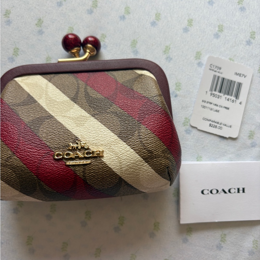 Coach Striped Kiss-Lock Coin Purse in Red, Cream & Brown